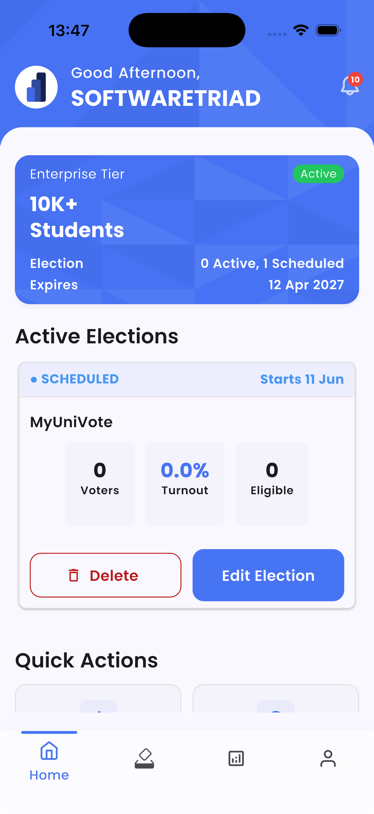 MyUniVote admin home screen showing active elections and quick actions.