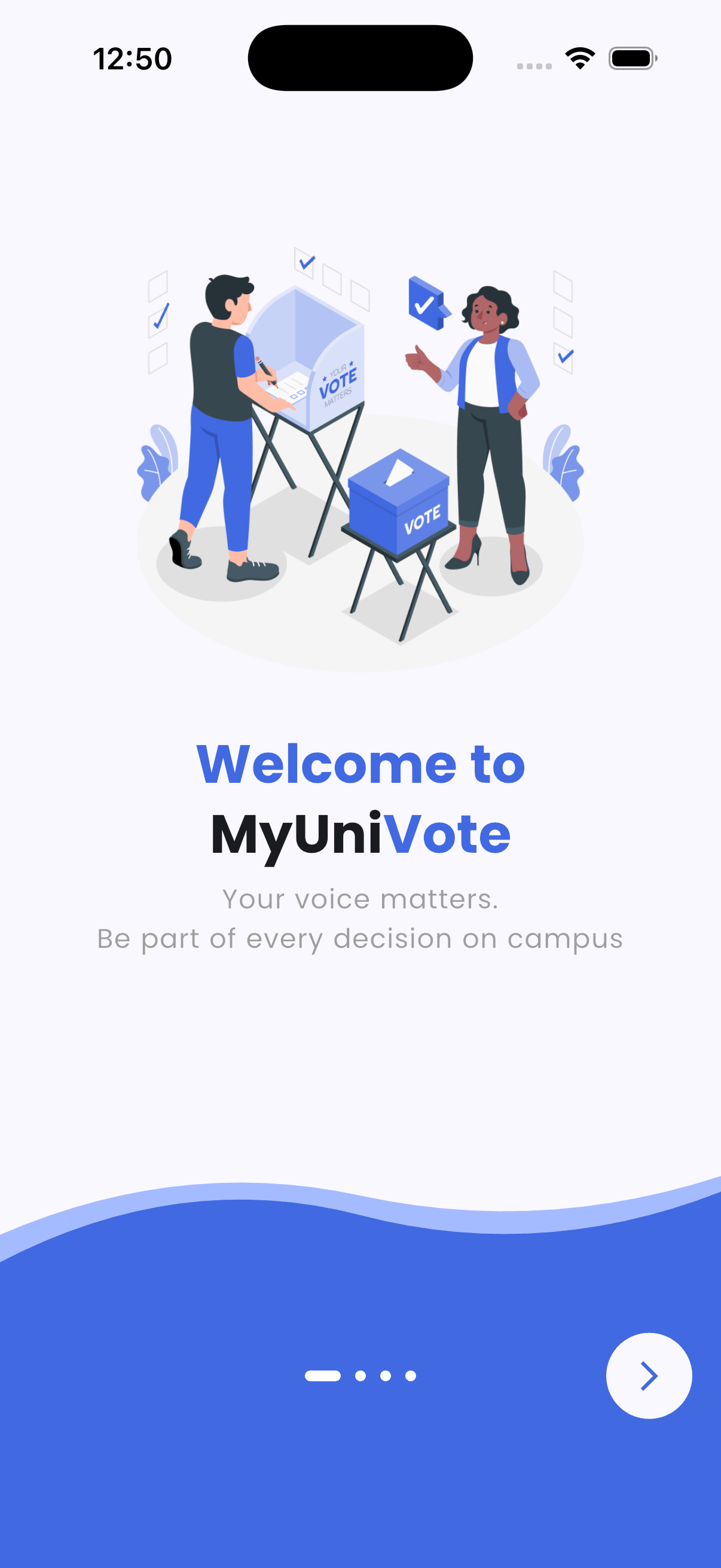 MyUniVote welcome screen introducing the app to students.